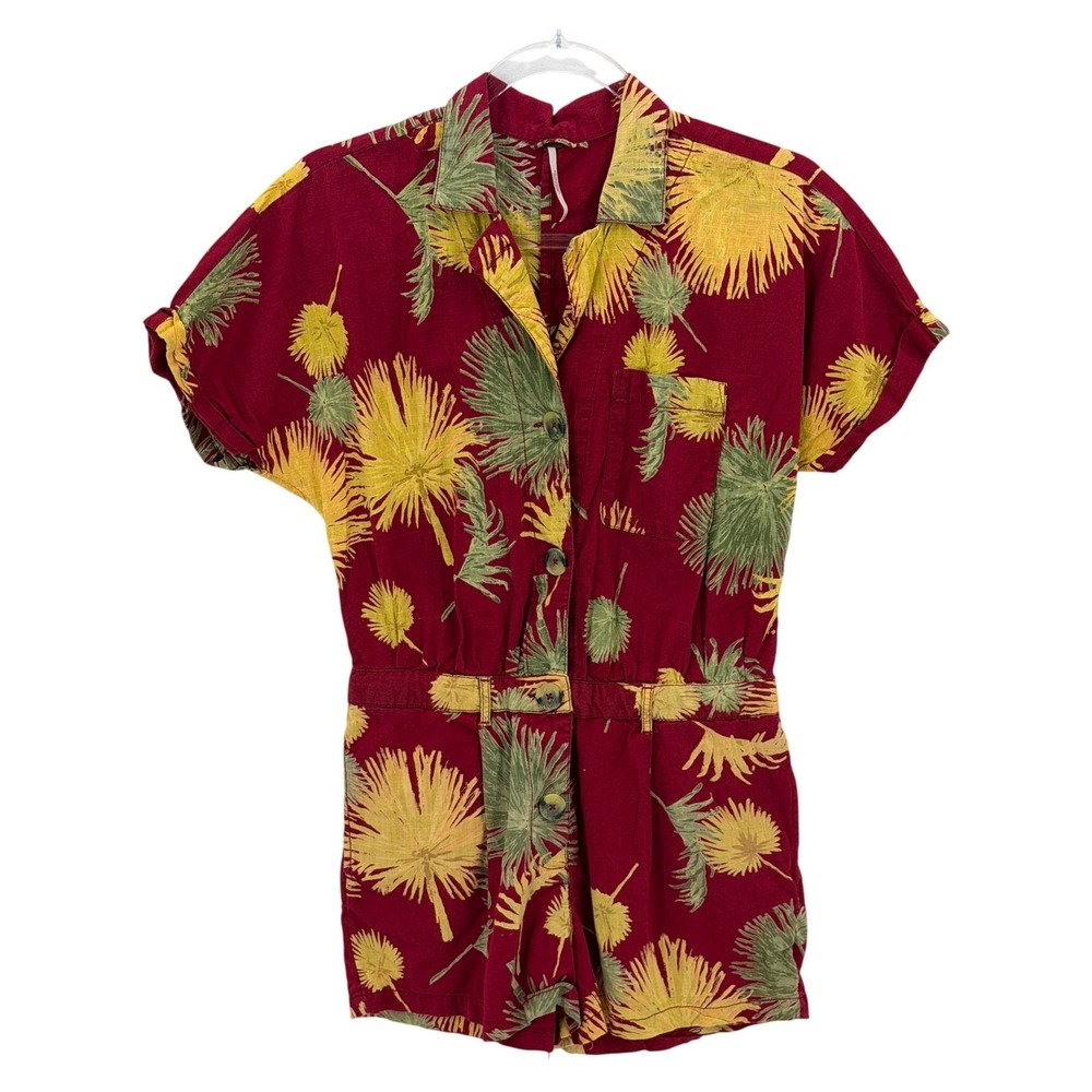 Free People Romper Women Small Maroon Malibu Floral Tropical Summer Beach Cotton